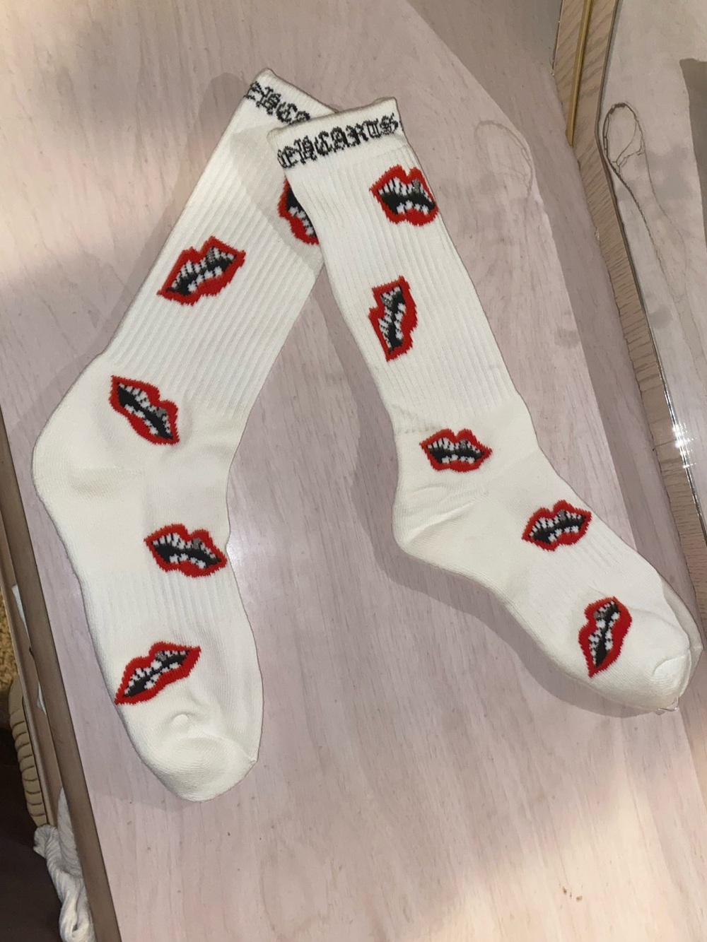 Chrome Hearts White Crew Socks with Red Lip Motif